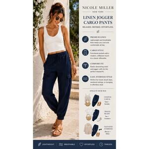 Womens Linen Pants European Flax Jogger Cargo Navy SZ M Relaxed Coastal